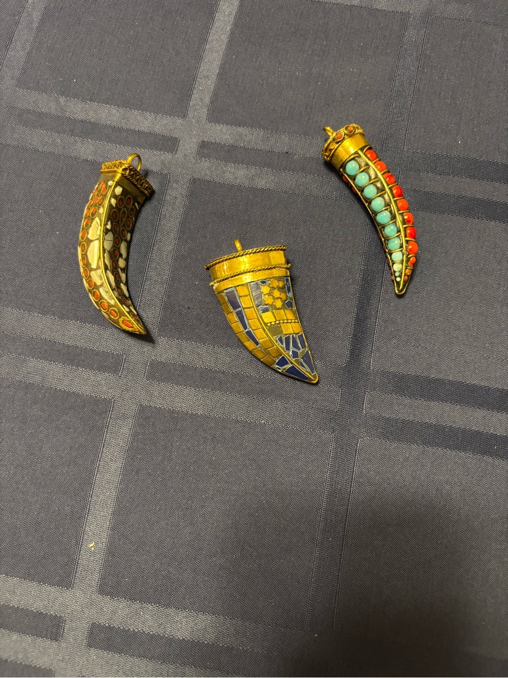 Vintage Enamel Horn Shaped Pendants- Gold Tone with Natural Stones